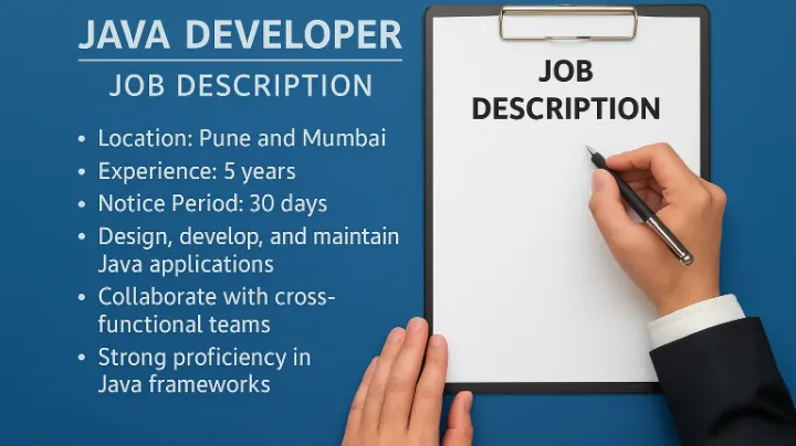 Illustration of a Java Developer job description highlighting skills, responsibilities, and qualifications for positions in Pune and Mumbai with 5 years of experience and a 30-day notice period – atsMantra Reads